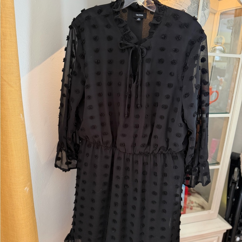 Tacera Elegant Black Textured Long Sleeve Dress
